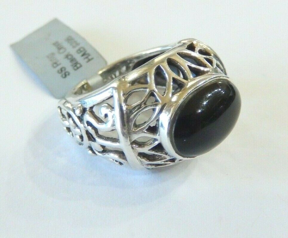 *VINTAGE*  THICK - Sterling Silver Black Onyx Filagree Scroll Dome Ring Size 6.5