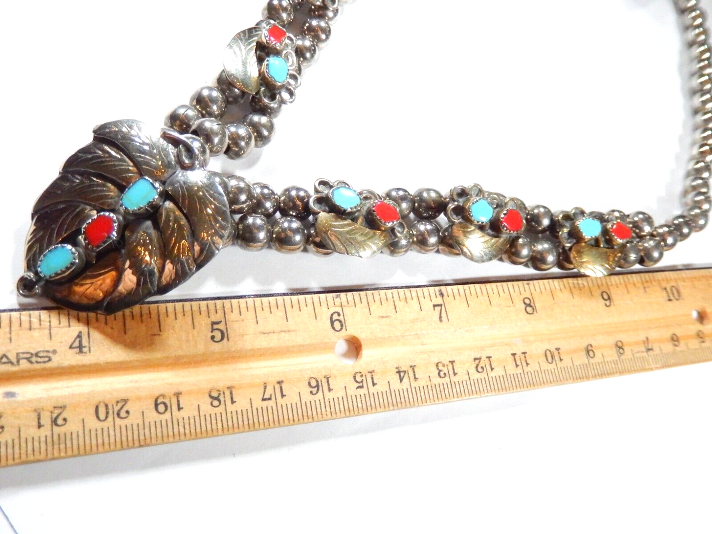 Native American Sterling Silver Turquoise Coral Leaf Beaded 2 Row Necklace 128gm