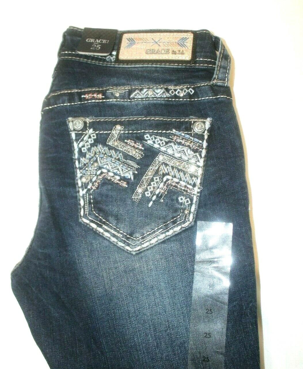 *NWT* Grace in LA Womens Denim Dark Blue Boot Cut "LOTS OF BLING" Jeans