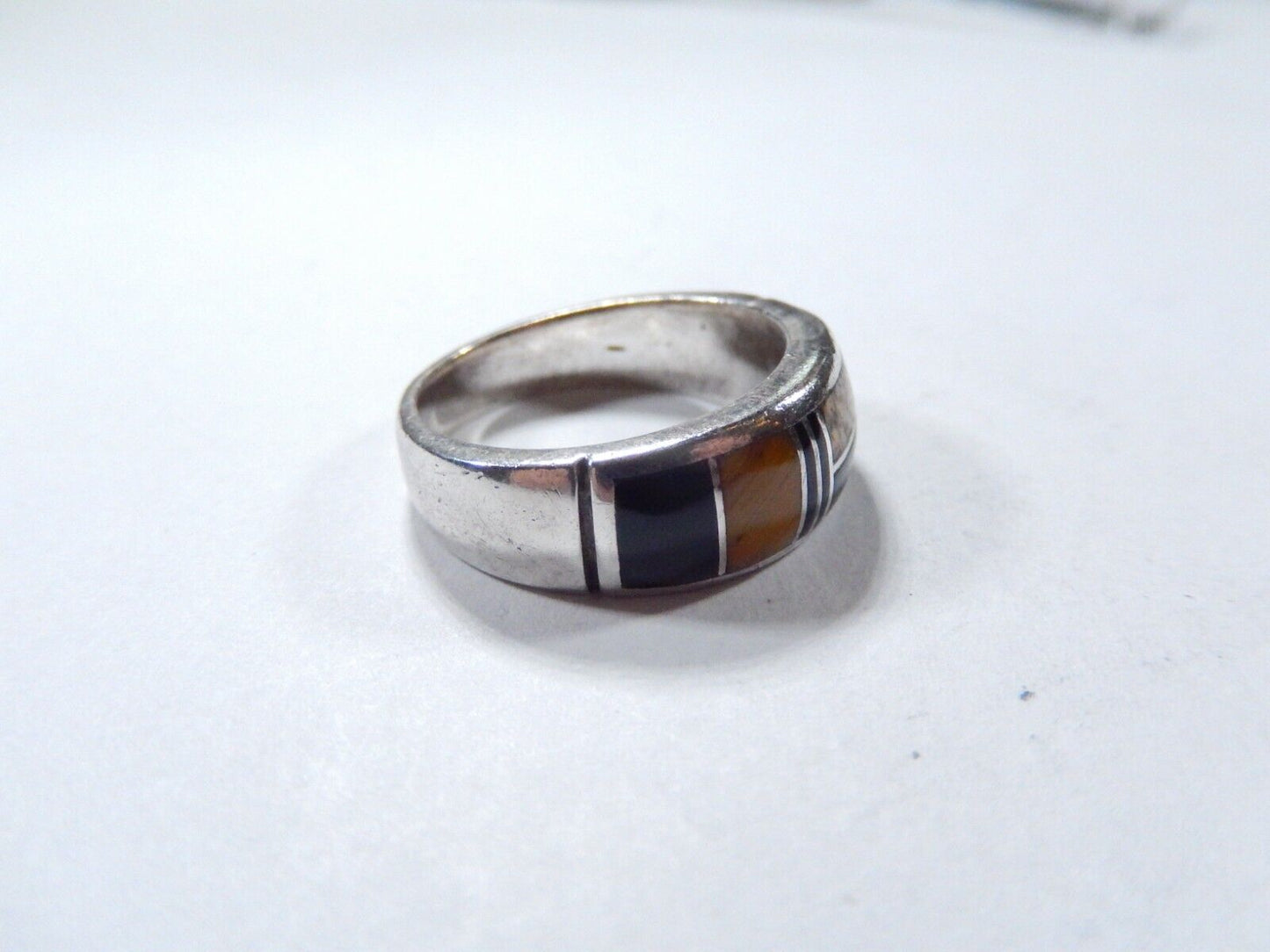 *VINTAGE*  Signed Navajo Inlay Multi Stone Sterling Silver Band Ring Size 6.75