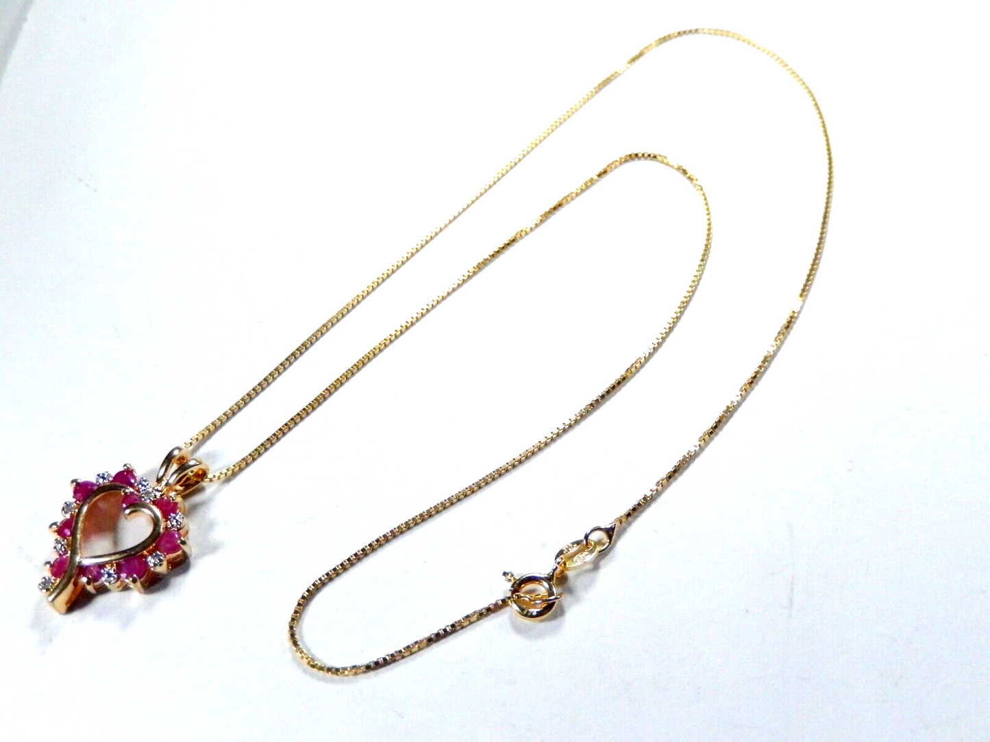 *VINTAGE*  Gold Vermeil Sterling Natural Ruby & Diamond Heart Pendant w/18"chain