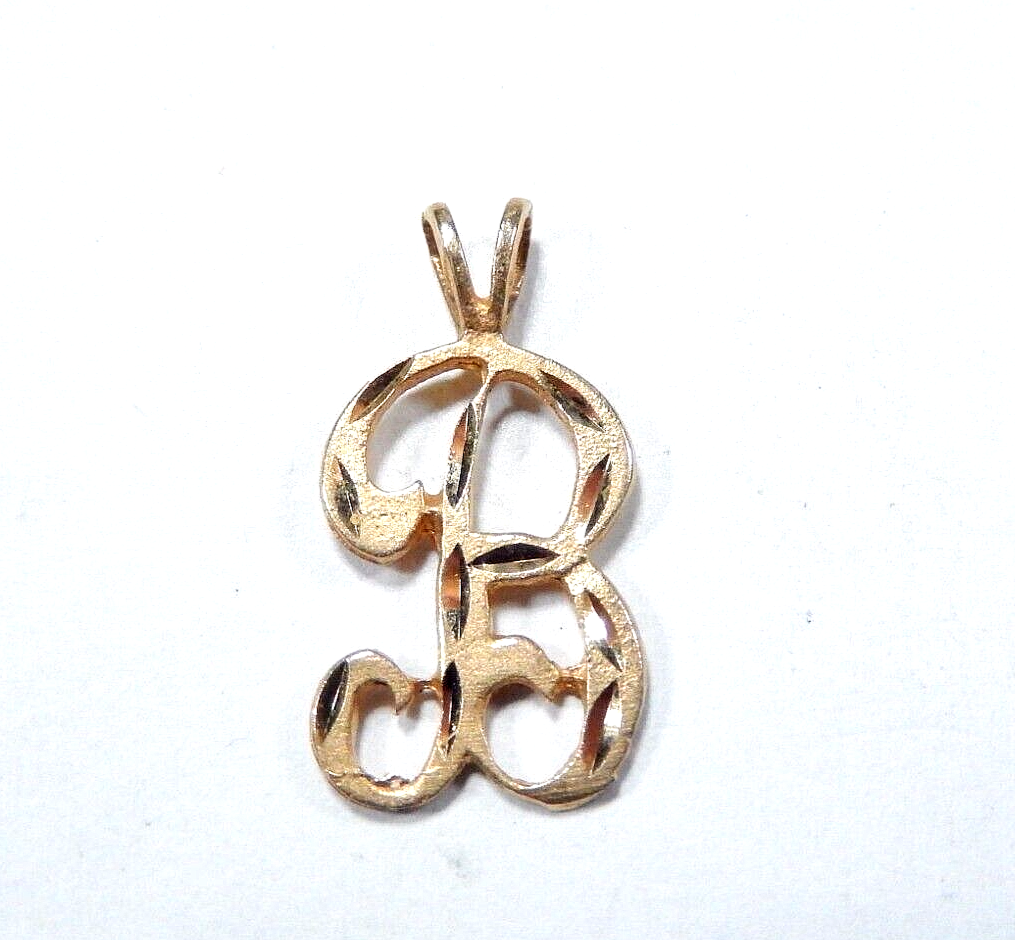 14K Yellow Gold Diamond Cut Script Initial Letter B Charm Necklace Pendant