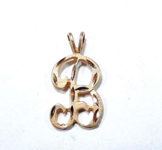 14K Yellow Gold Diamond Cut Script Initial Letter B Charm Necklace Pendant