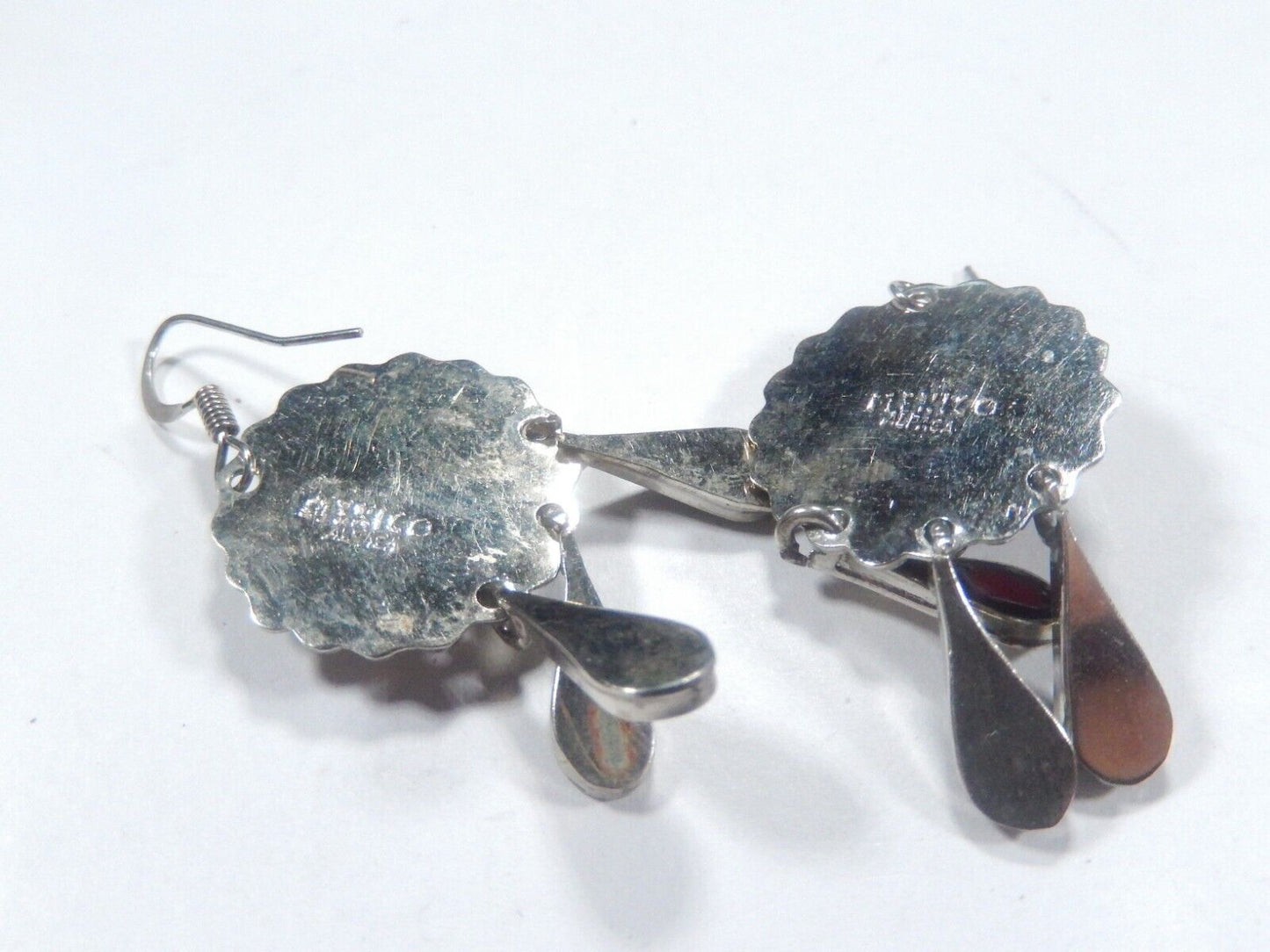 *VINTAGE*  Mexico Alpaca Silver Inlay Native Dangle Drop Earrings