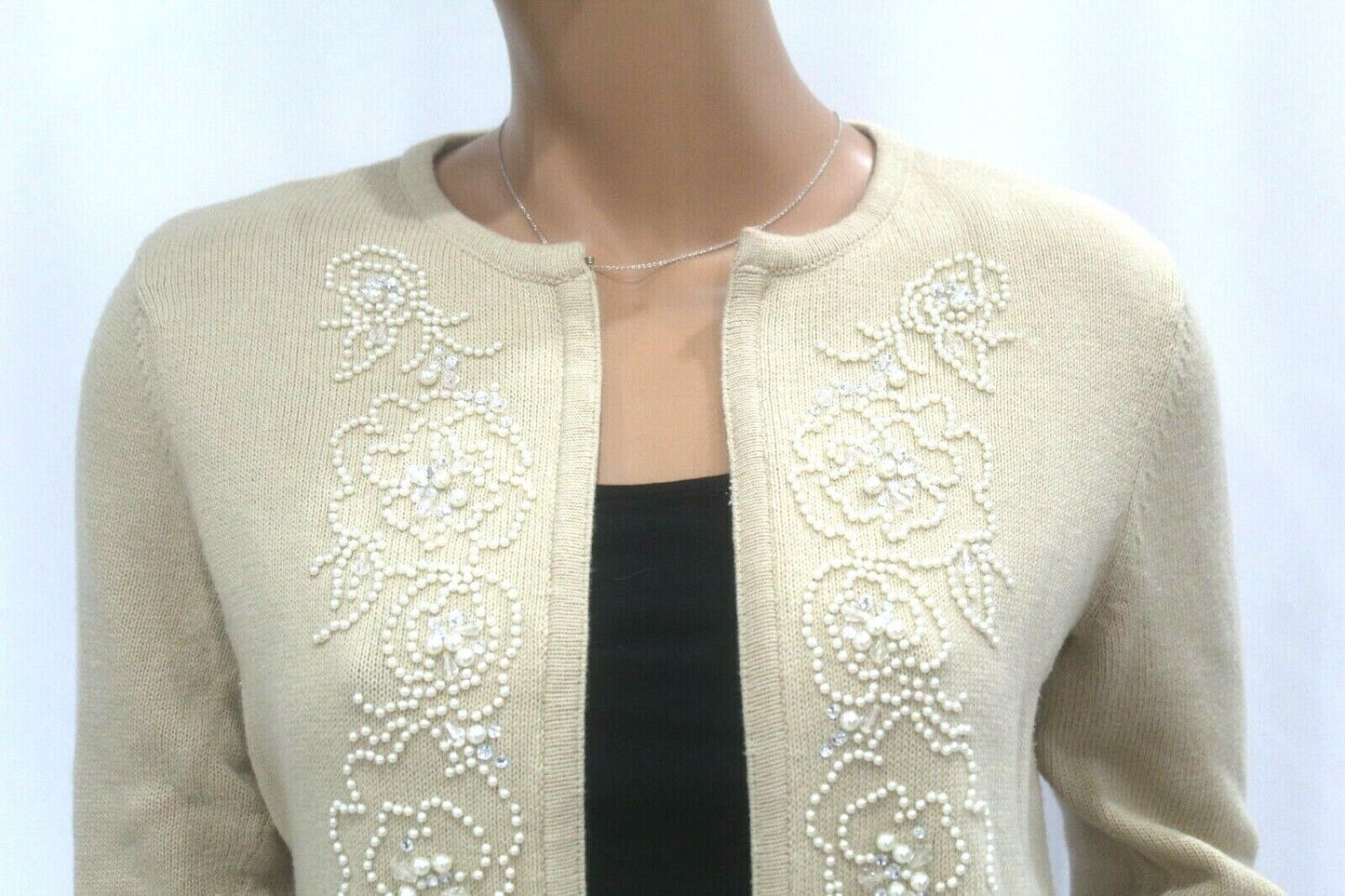 Liz Claiborne Beige Knit  Cardigan Sweater Pearl & Crystal Embellished Sz Med