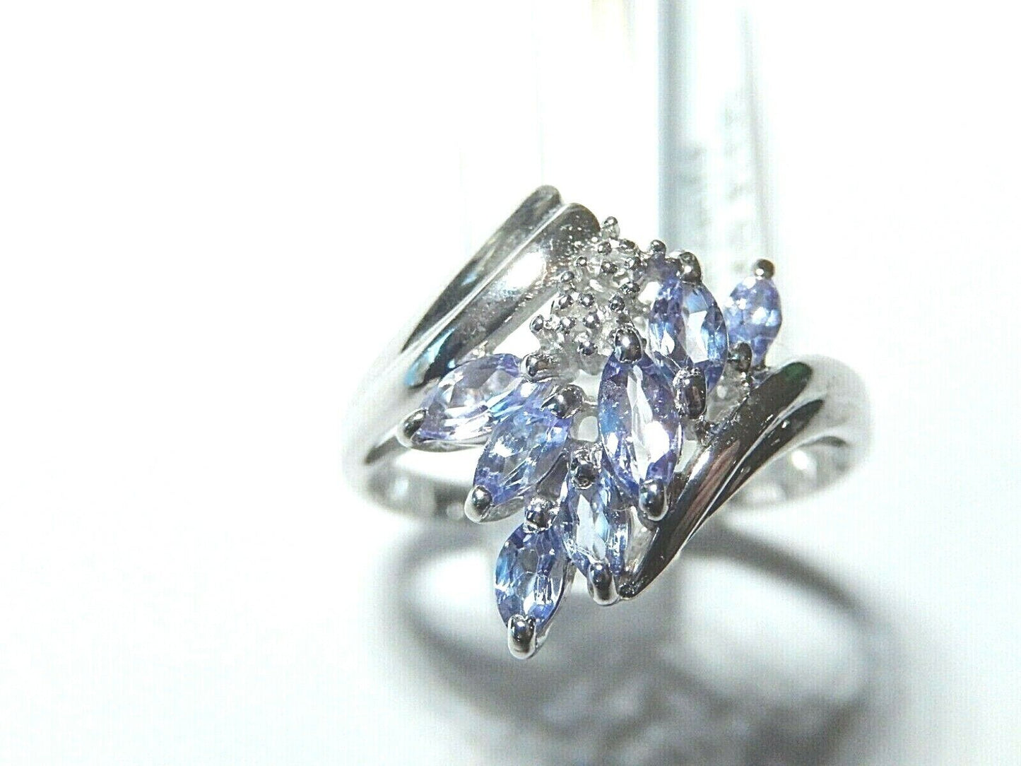 *NWT* 10K White Gold  Marquise Tanzanite & Diamond Fancy Cluster Ring  Size 7.5