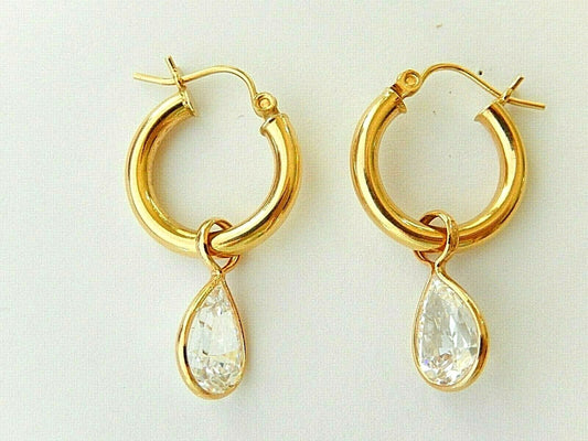 14K Yellow Gold Round Hoop Earrings With 3CT TW Dangling Pear CZ - Gorgeous -