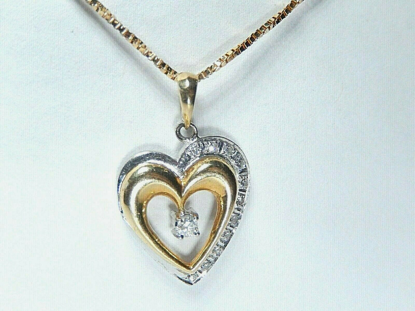 *VINTAGE*  14K Two Tone Gold Natural  Diamond Heart Pendant w/16" 14K YG Chain