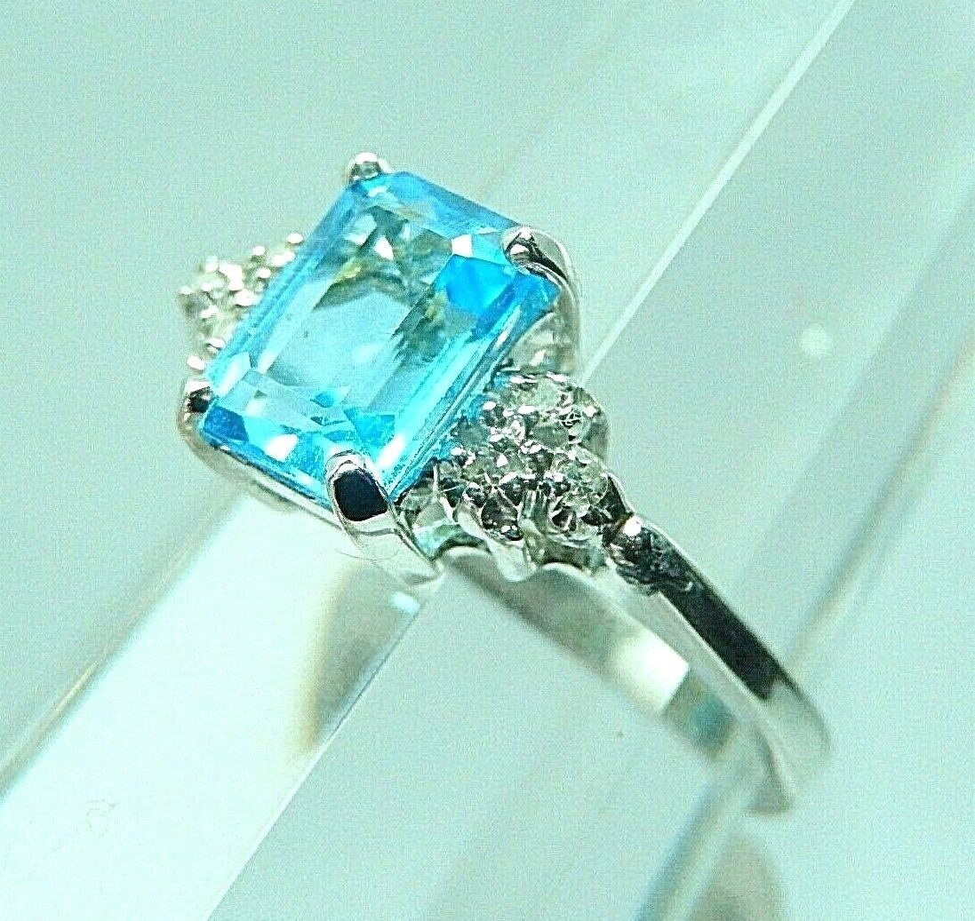 Women's 10k White Gold London Blue Topaz & Diamond Ring Sz 7.25