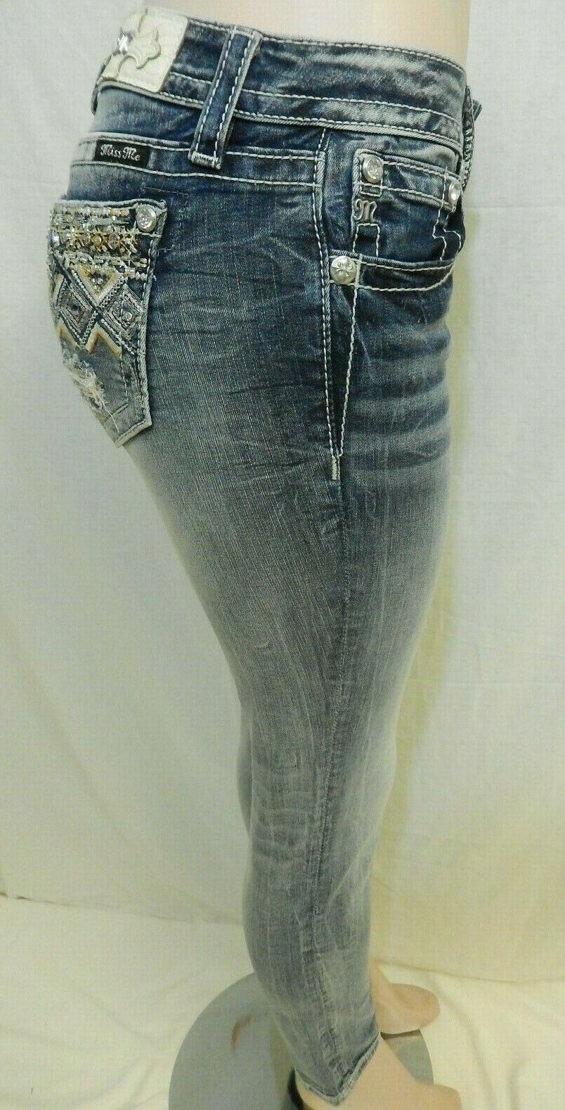 *NWT* Miss Me M3103FA Cuffed Ankle Skinny Jeans Embroidery Lt Blue Size 27 x 27