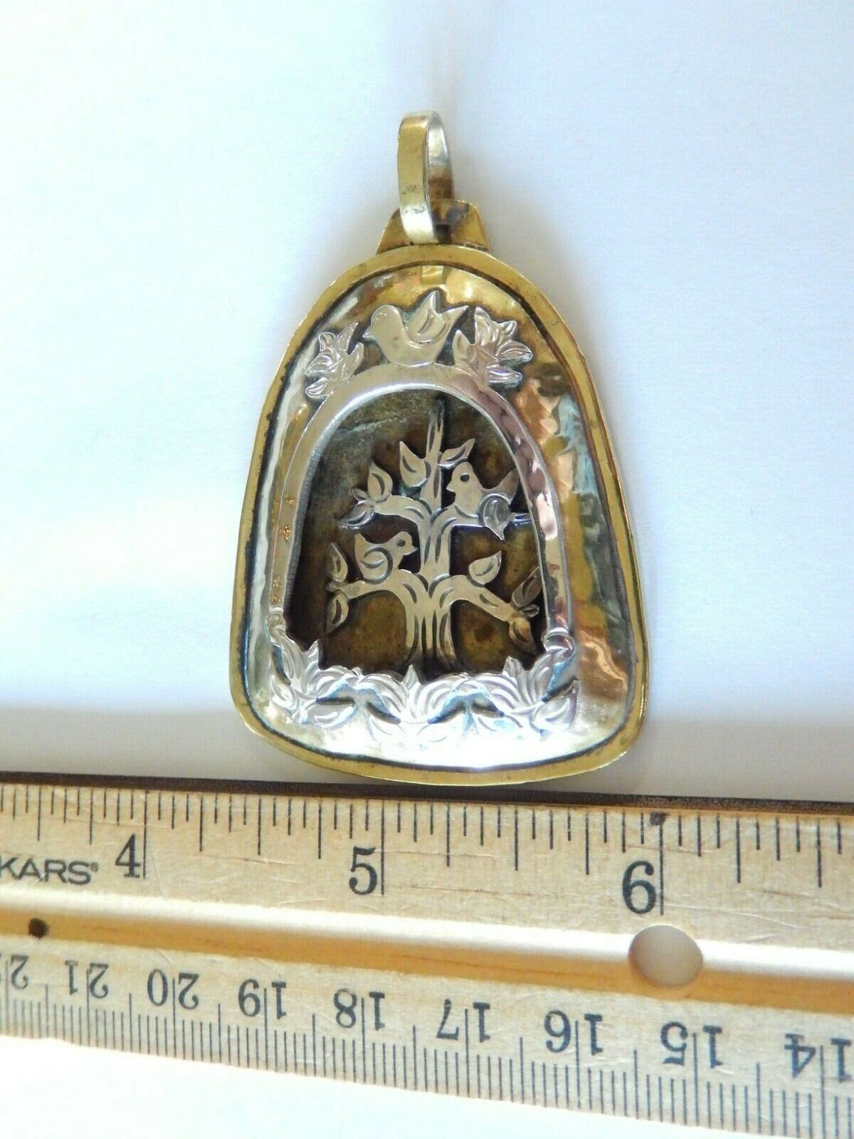 *RETIRED* LARGE  JEEP COLLINS  Sterling  &  Brass  Dove & Tree Shadowbox Pendant