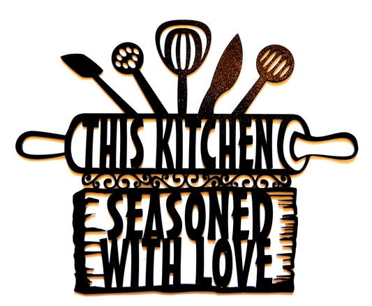 ~NEW~ LARGE 14ga. "This Kitchen Is Seasoned With Love " Metal Wall Art 17" x 14"