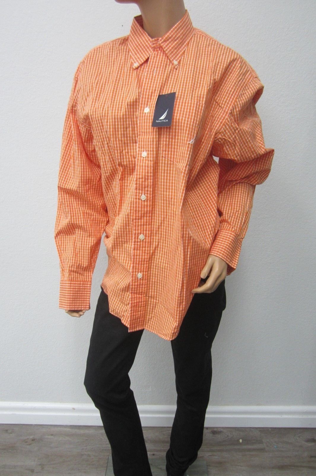 *NWT* NAUTICA Men's Button Down 80's Two Ply Cotton Shirt Orange White Check  M