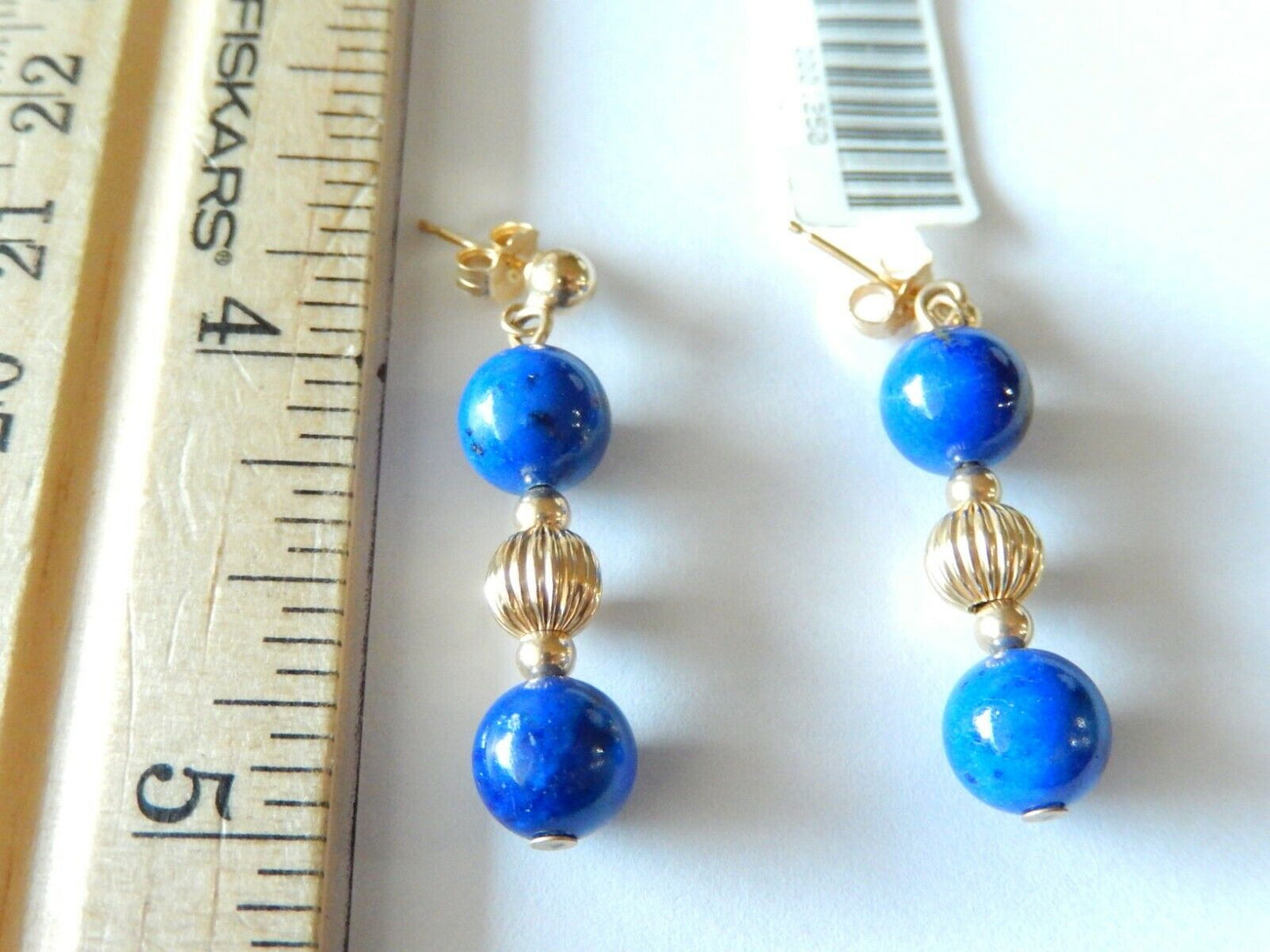 *VINTAGE* 14K Solid Yellow Gold 8mm Lapis Lazuili & Gold Round Bead Earrings