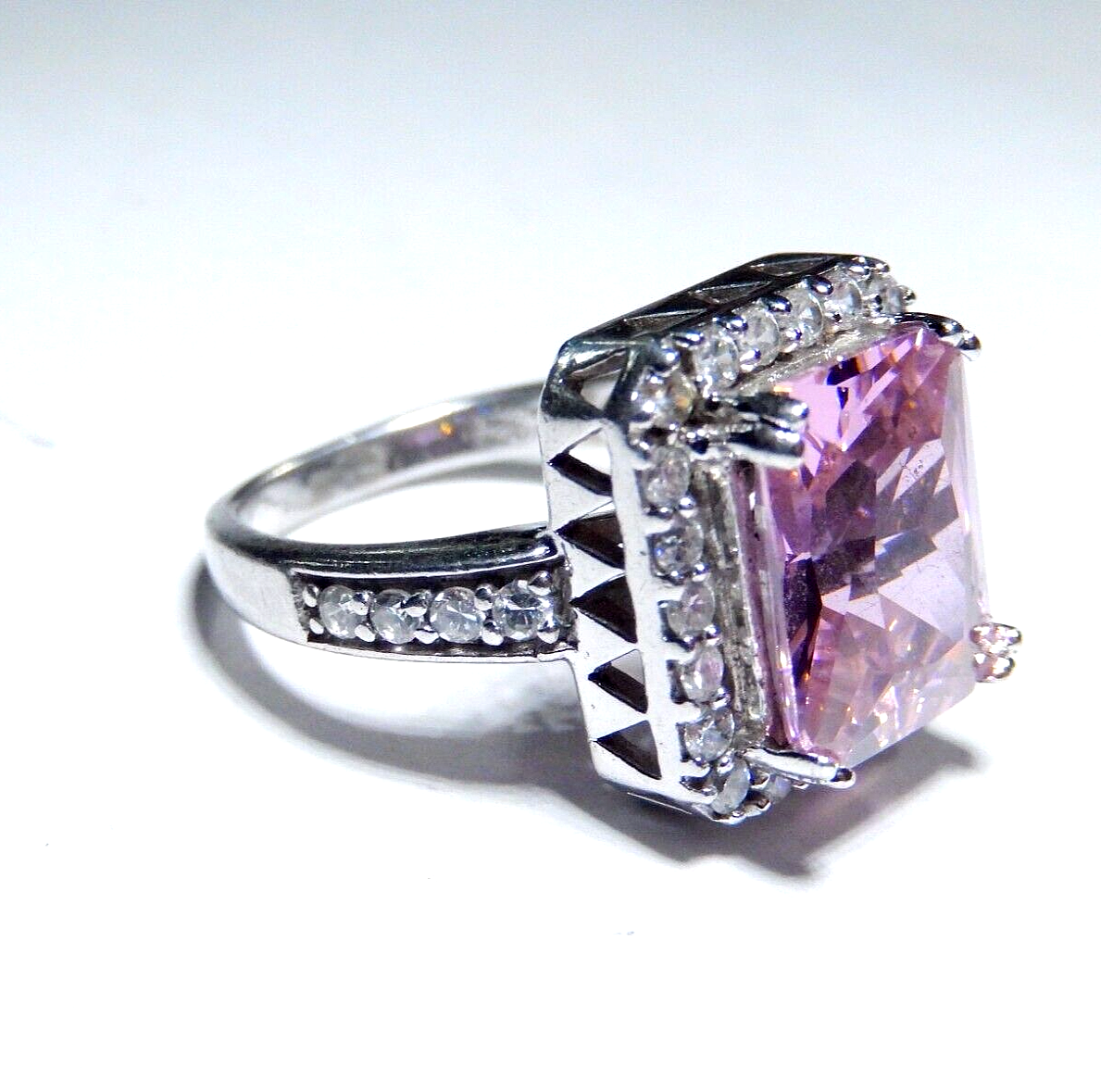 *VINTAGE* Sterling  CZ Pink & White 5.0CT Emerald Cut Cocktail Ring Sz 7