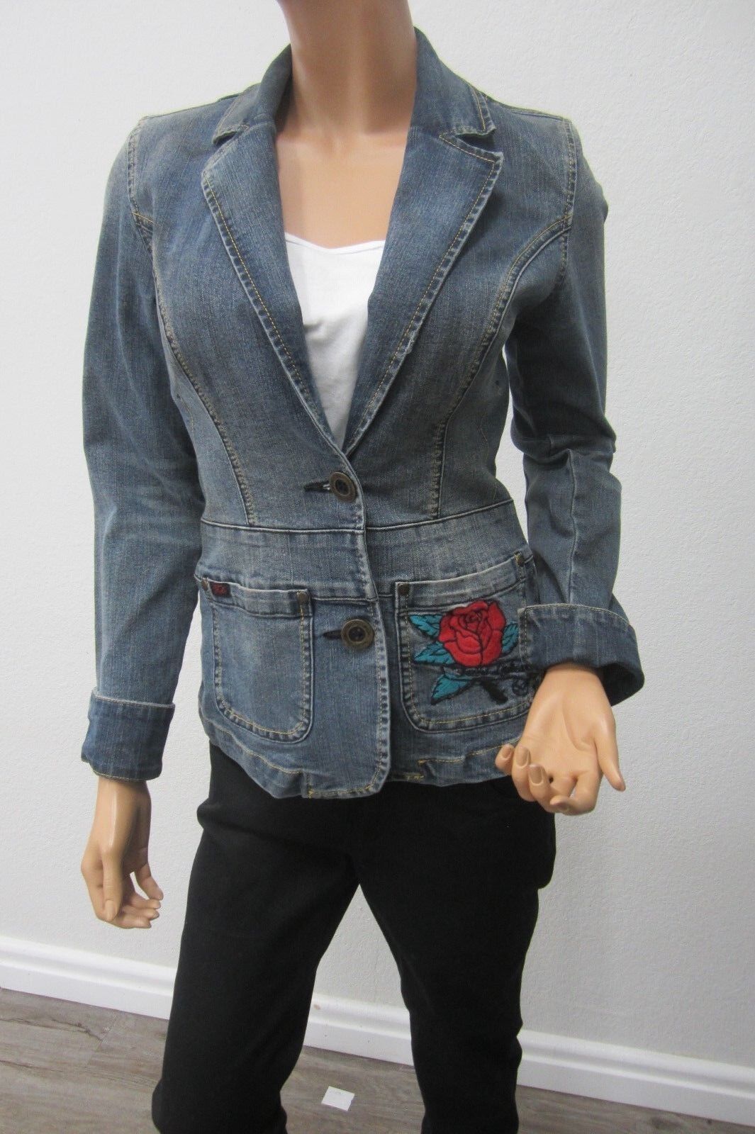 *RARE* FUBU  Collection Denim Jean Jacket Embroidered Rose & Skull Patch Size S