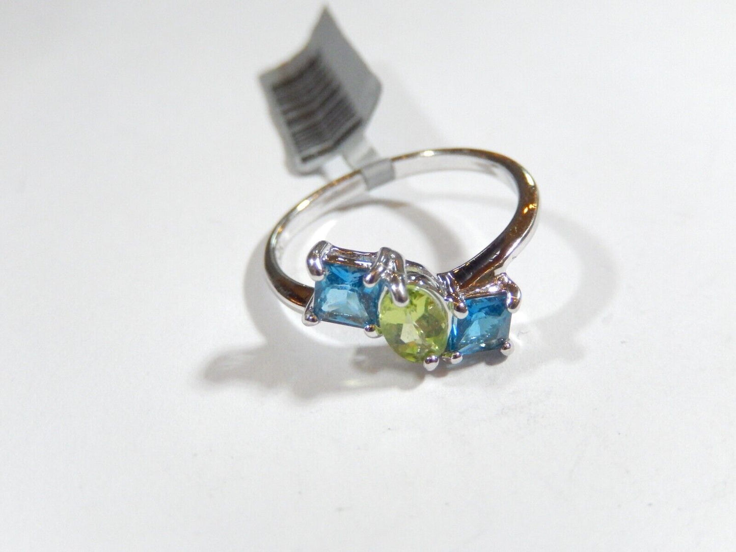 *VINTAGE*   Sterling Silver London Blue Topaz & Peridot Three Stone Ring Sz 8