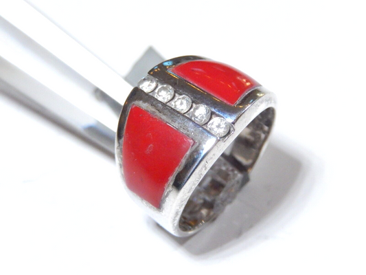 *VINTAGE*  Southwestern Style Sterling Silver Ring with CZ & Red Coral Sz 8.25