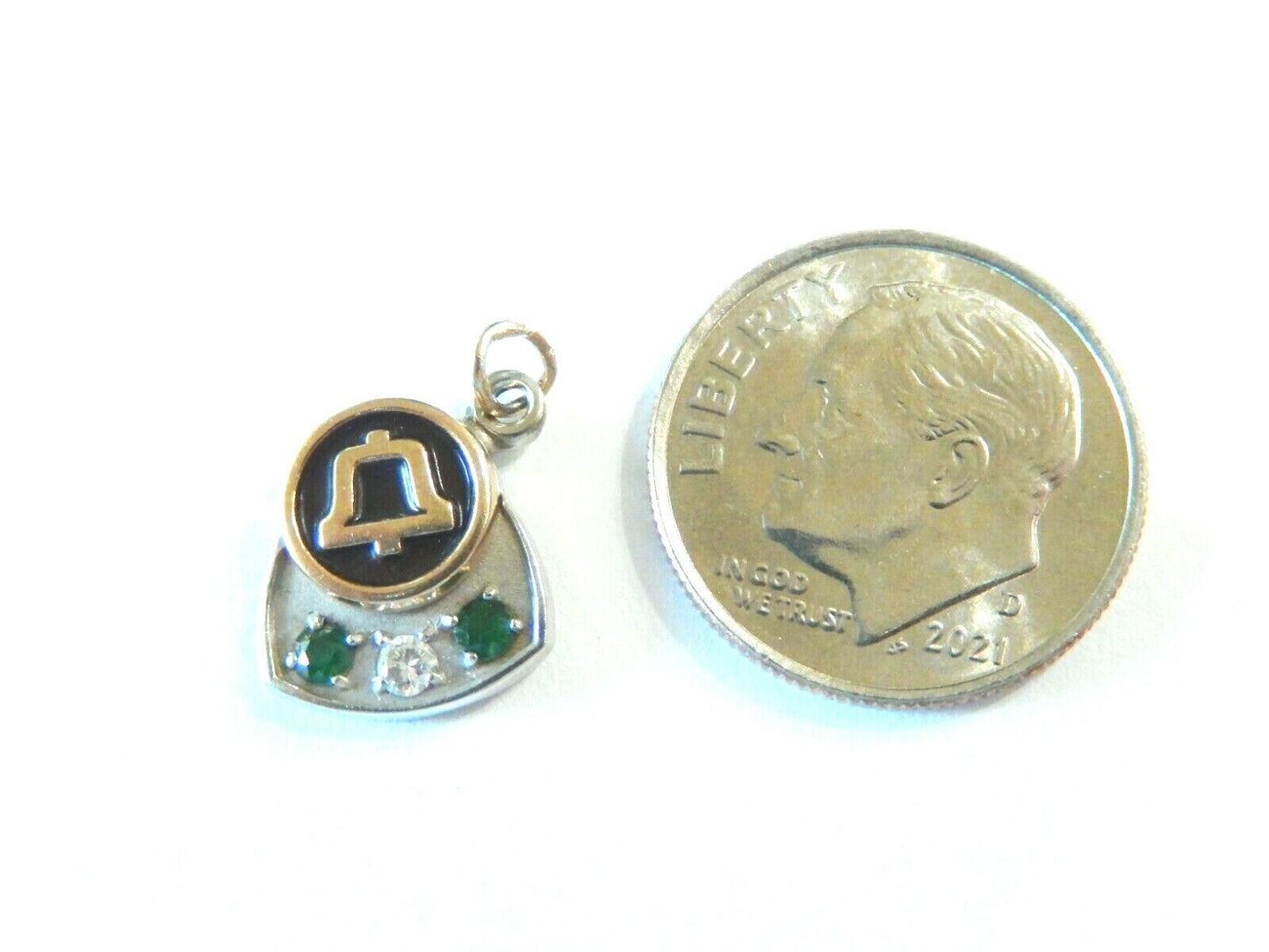 *VINTAGE* 10k White Gold Emerald & Diamond Bell Telephone  Pendant  / Charm