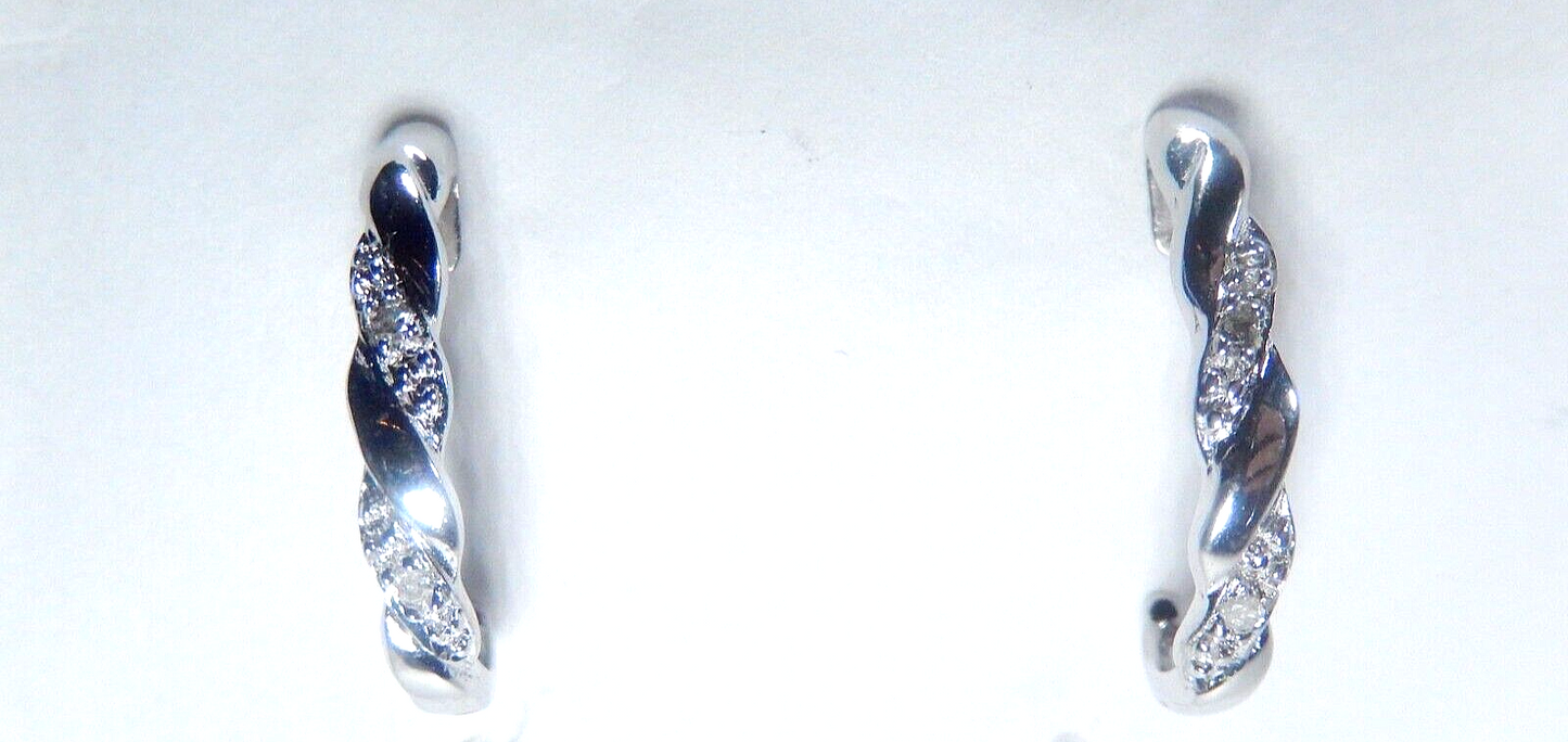 10K White Gold Round Natural Diamond J Shape Hoop Earrings