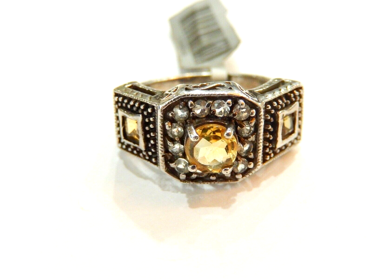 *VINTAGE* Gorgeous Vintage Art Deco  Sterling Silver Citrine & Cz  Ring SZ 9.25