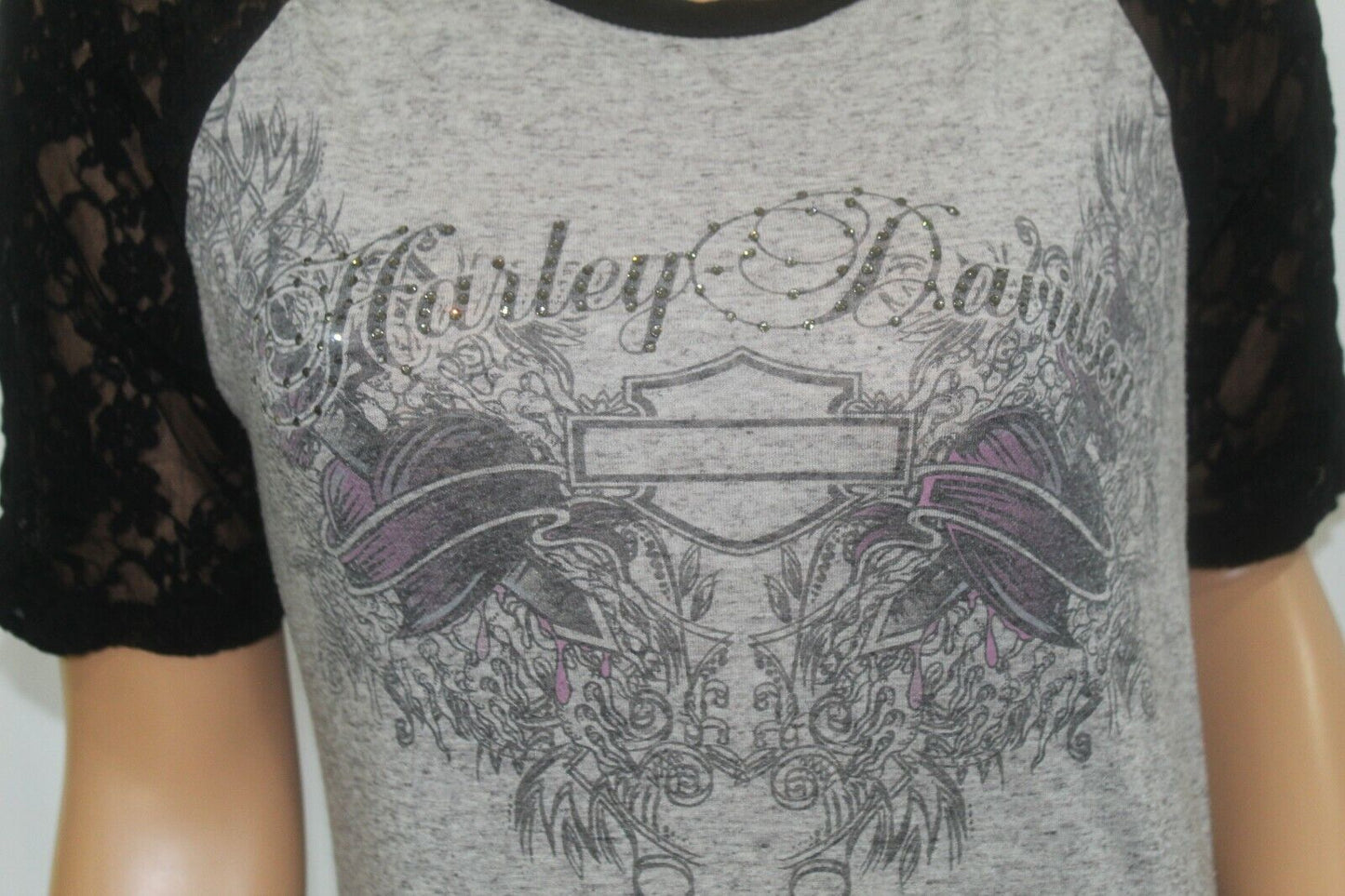 Harley Davidson Size S Womens Short Sleeve Rhinestone Logo Lace Sleeve T-Shirt