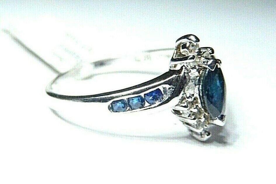 *NWT*  14k White Gold Blue Natural Sapphire & Halo Diamond Ring  Size 7.5