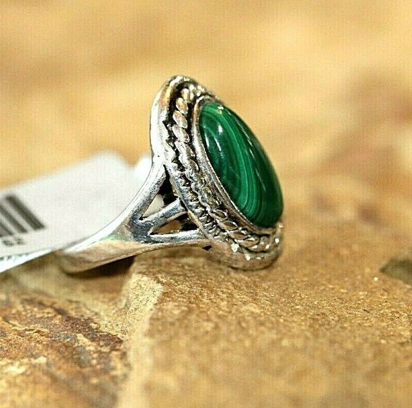 *VINTAGE* Sterling Silver Green MALACHITE Oval SOLITAIRE Southwestern Ring Sz6.5