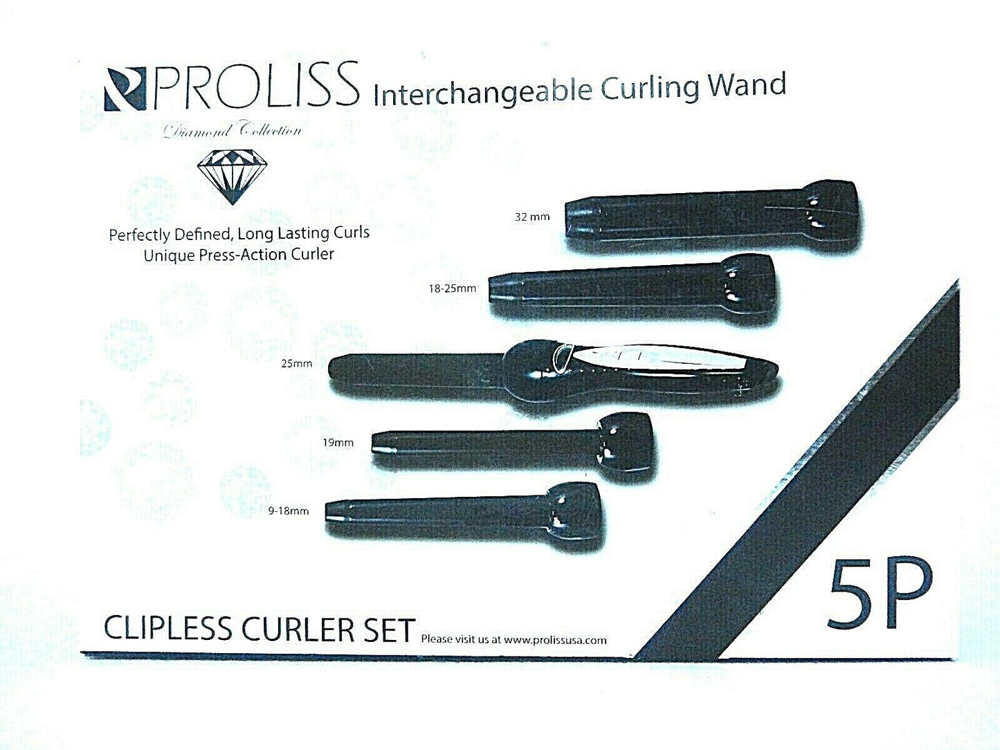 Proliss Diamond Collection 5P Curling Iron Wand 5-Piece Clipless Curler GIFT SET