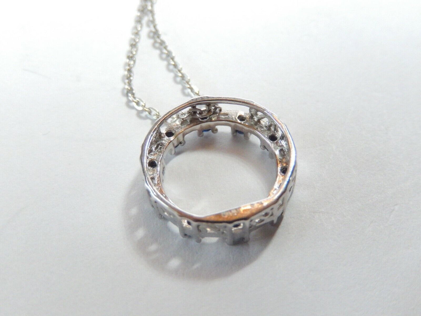 *NWT*  10K White Gold Sapphire & Natural Baguette Diamond Circle Pendant w/18"Ch