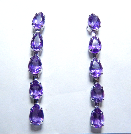 BEAUTIFUL 14K White Gold 1.5" Amethyst 3.33 CT Drop Dangle Earrings Stunning!!