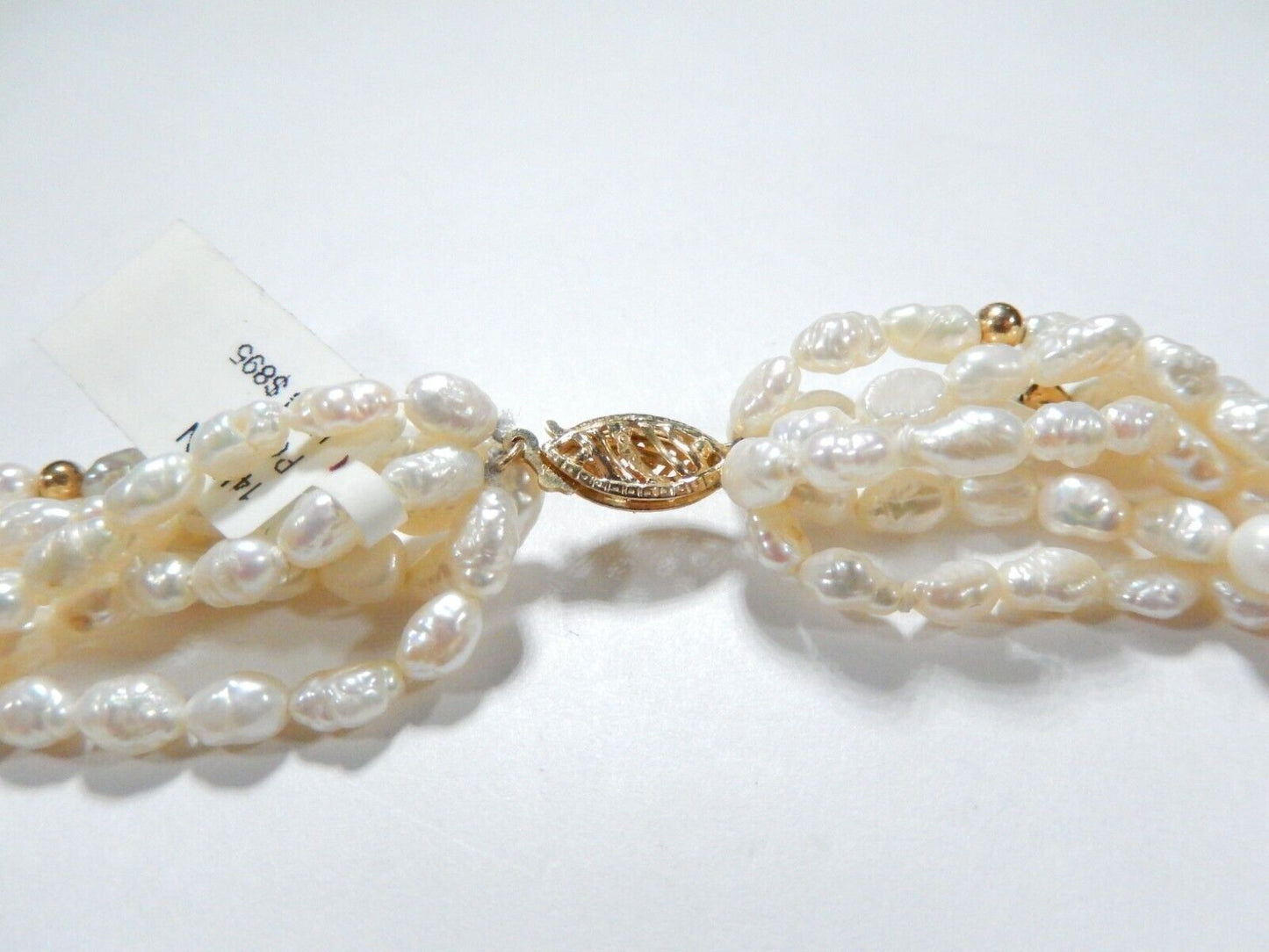 14K Solid Gold Bead Accent 7 Strand Freshwater Rice Pearl Necklace 18"”