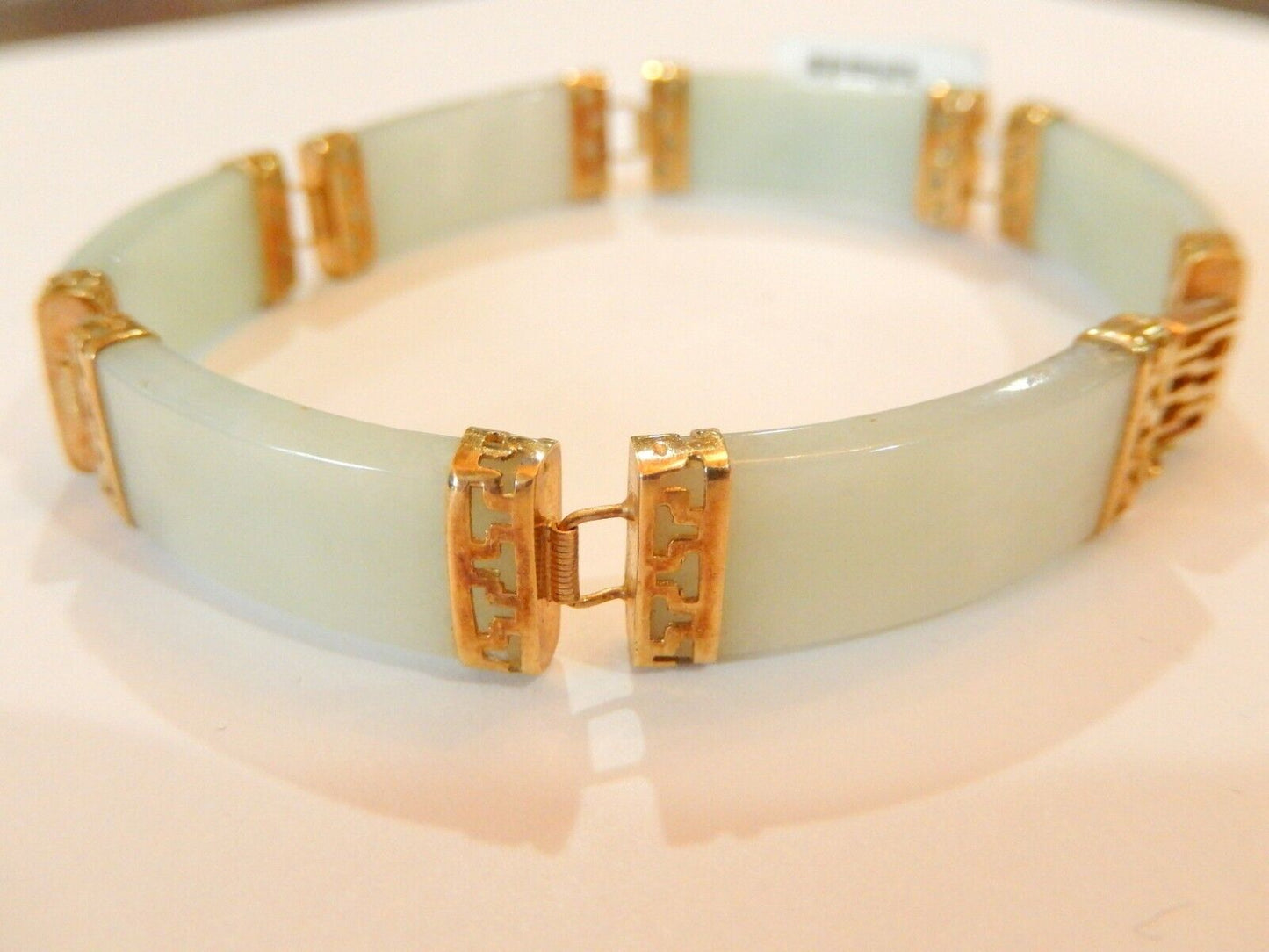 *VINTAGE* 14K Yellow Gold Green Jade Link Chinese Character Bracelet 7.5"