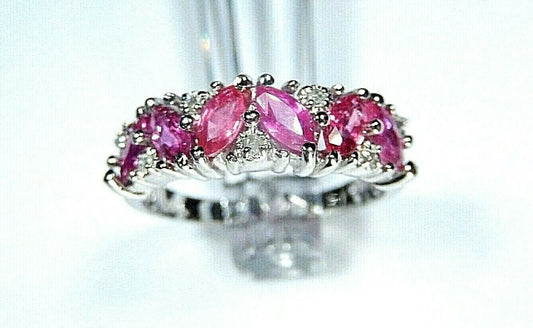 "NEW"  14K WHITE GOLD 1CT MARQUISE NATURAL RUBY AND DIAMOND BAND RING SIZE 8.25