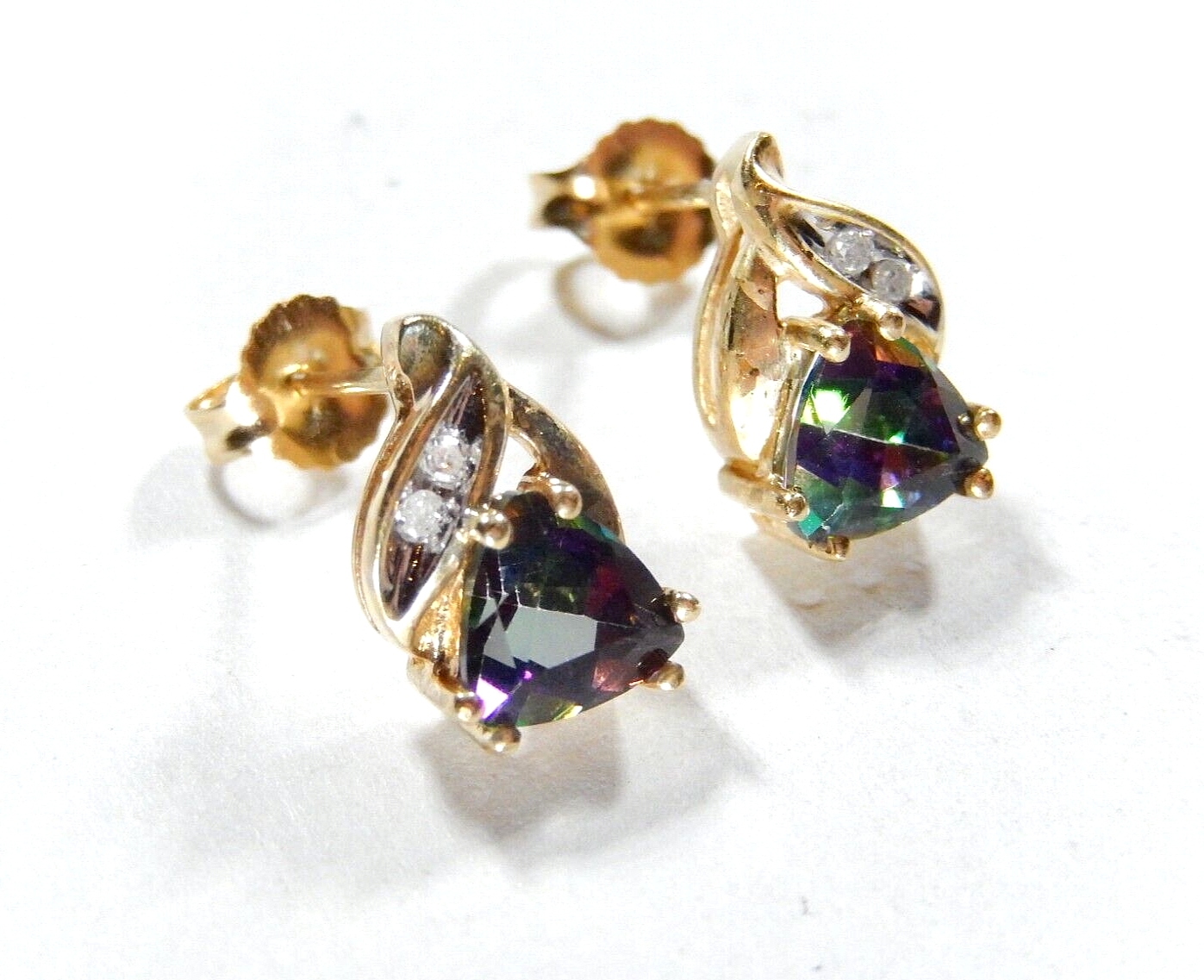 *VINTAGE*  10k Yellow Gold Trillion  Mystic Topaz and Diamond Stud Earrings