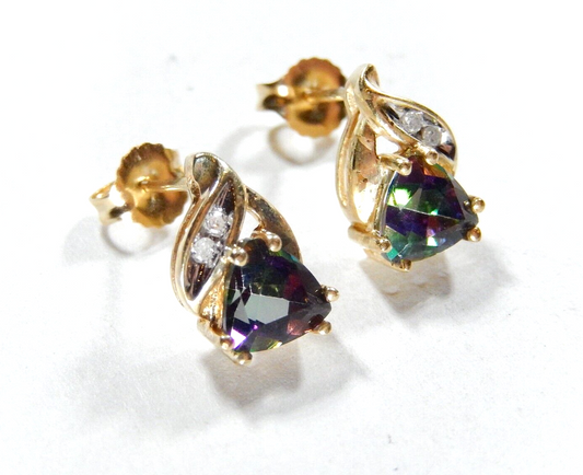 *VINTAGE*  10k Yellow Gold Trillion  Mystic Topaz and Diamond Stud Earrings