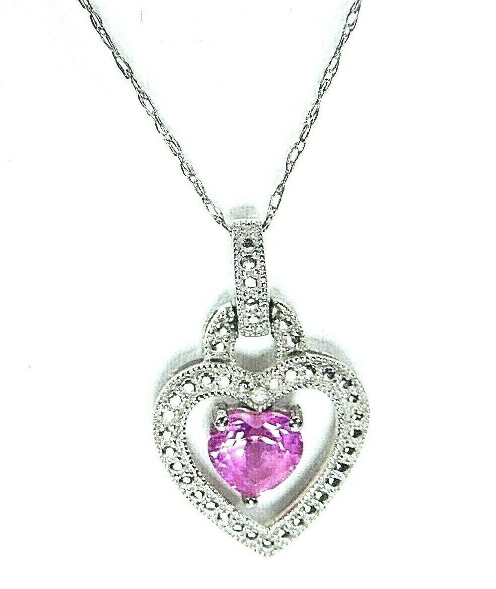 *VINTAGE* 10k White Gold Pink Sapphire & Diamond Open Heart Pendant w/20" Chain