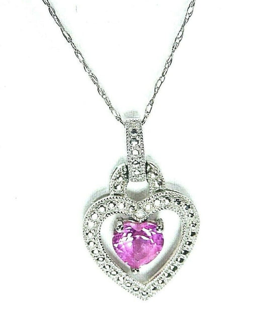 *VINTAGE* 10k White Gold Pink Sapphire & Diamond Open Heart Pendant w/20" Chain
