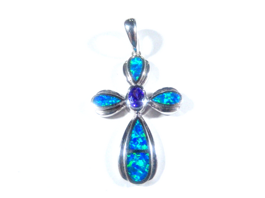 *VINTAGE*   Sterling Silver 925 Amethyst & Blue Fire Opal Cross Pendant