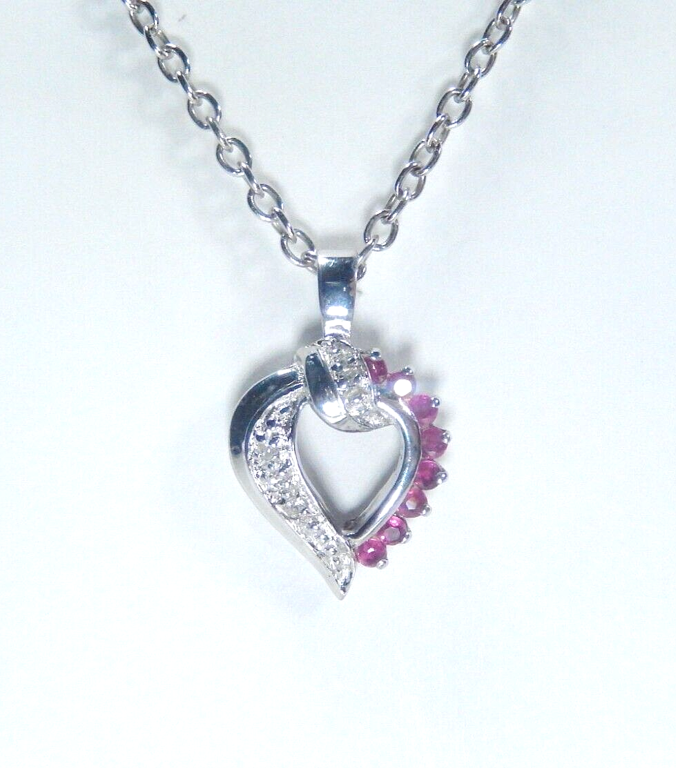 *VINTAGE*  10K WHITE GOLD  RUBY AND DIAMOND HEART PENDANT w/18"chain