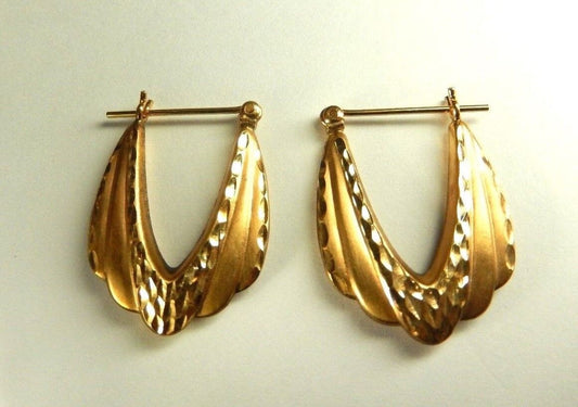 Solid 14k Yellow Gold Puff Oval Hoop Earrings Decorative Cut Design 19mm Diam.