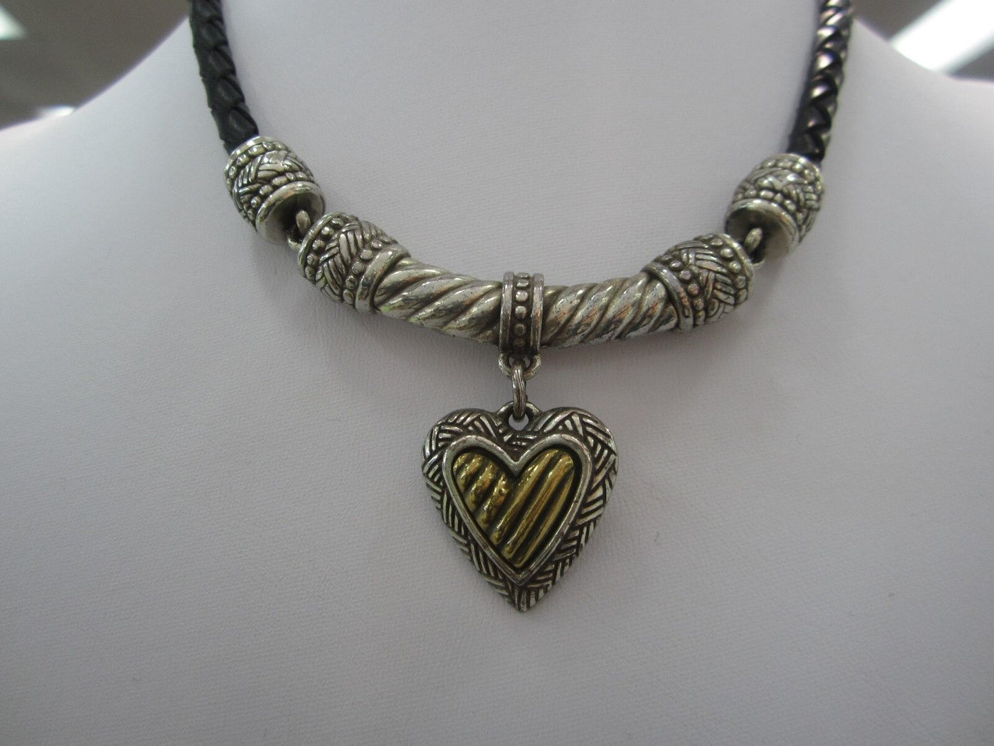 RETIRED Brighton Black Braided Leather Cord Heart Pendant Statement Necklace