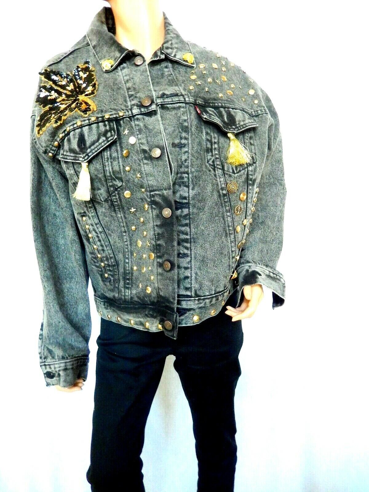 Women's Levis Embellished Denim Jean Jacket Glitter & Brass Studs & Buttons Sz L