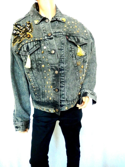 Women's Levis Embellished Denim Jean Jacket Glitter & Brass Studs & Buttons Sz L