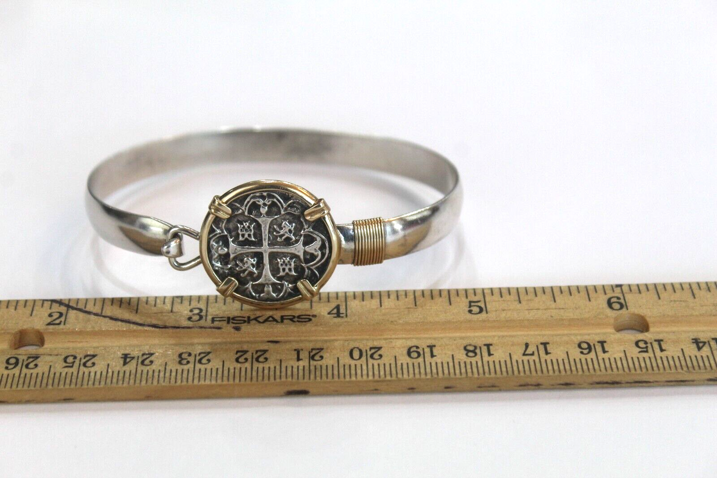 *VINTAGE*   14K Gold & Sterling Silver Cross Medallion 8mm Bangle Bracelet