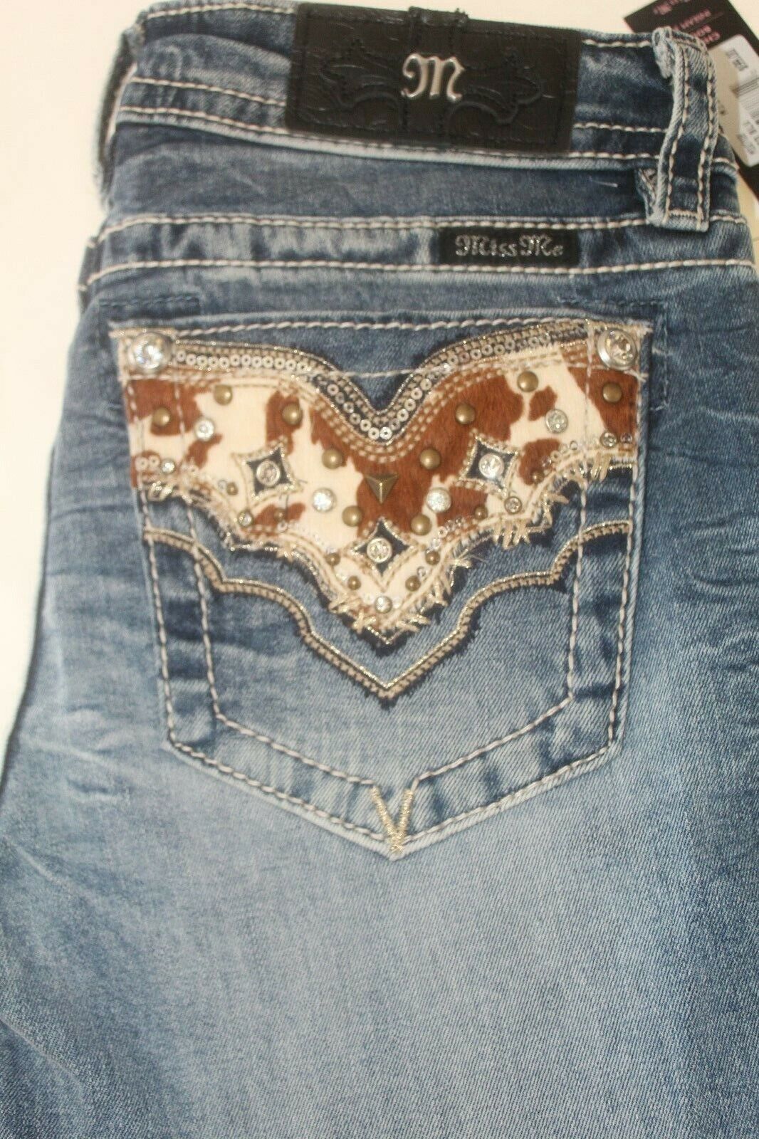 *NWT* Miss Me Women's Mid Rise Chloe Boot Cut Calf Hair Design Jeans 26 x 34