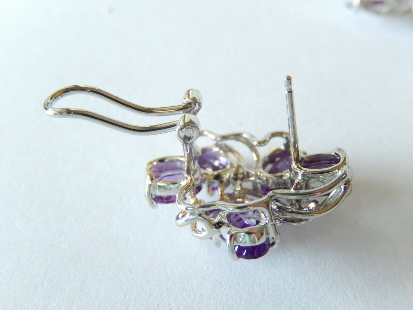 *VINTAGE* Large 14K White Gold 3CT Amethyst Oval Cut French Clip Stud Earrings