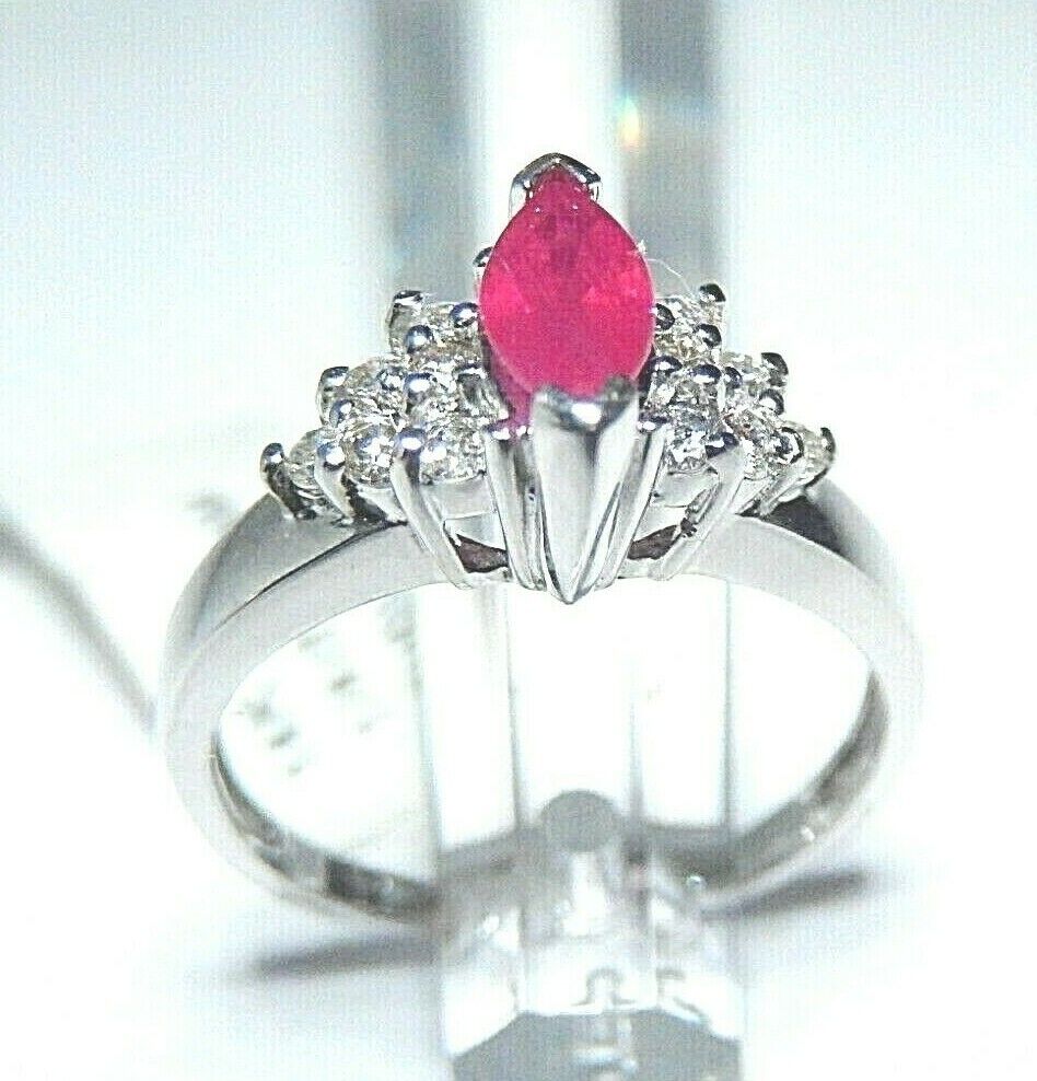 *NWT* 14k White Gold Ring .50CT Natural Marquise Cut Ruby & .25CT Diamonds Sz6.5