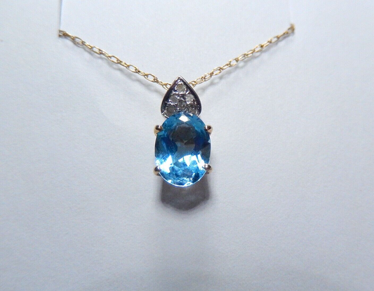 *VINTAGE* 14k Yellow Gold Oval 1.25CT Blue Topaz & Diamond  Pendant w/ 18" Chain