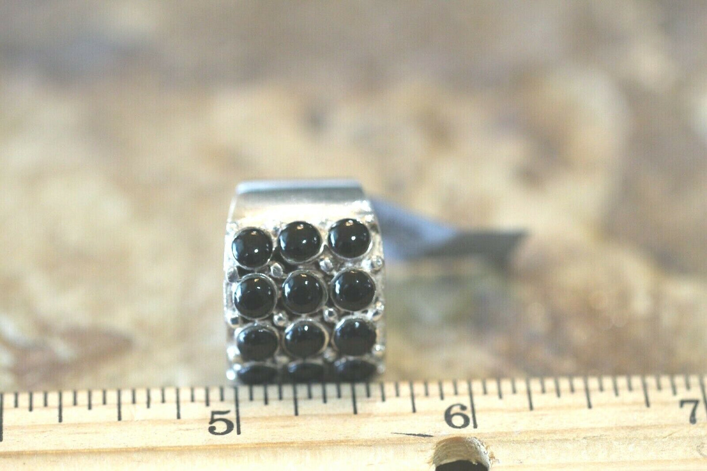 *VINTAGE* HEAVY LARGE  BLACK ONYX STERLING SILVER 15MM WIDE BAND RING SIZE 7.75